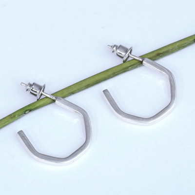 Sterling silver half-hoop earrings, 'Geometric Minimalism' - Geometric Minimalist Sterling Silver Half-Hoop Earrings