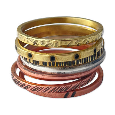 Copper and brass band rings, 'Earth's Triumph' (set of 7) - Set of 7 Copper and Brass Band Rings in a Polished Finish
