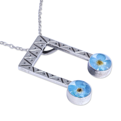 Natural flower and sterling silver pendant necklace, 'Rhythm & Memories' - Beam Note-Shaped Blue Natural Flower Pendant Necklace