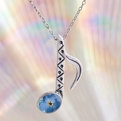 Natural flower and sterling silver pendant necklace, 'Melodies & Memories' - Music-Themed Blue Natural Flower Pendant Necklace