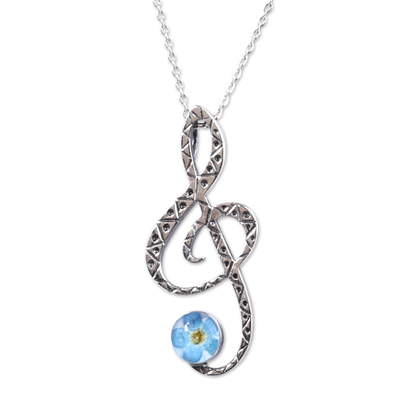 Natural flower and sterling silver pendant necklace, 'Music & Memories' - Treble Clef-Shaped Blue Natural Flower Pendant Necklace