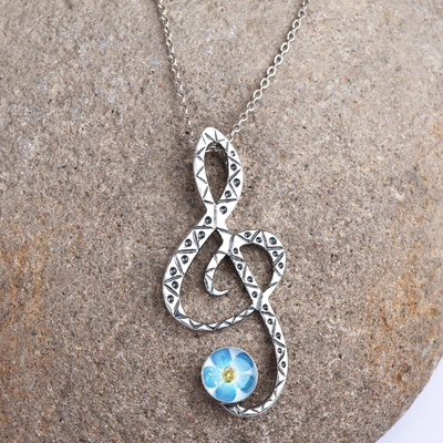 Natural flower and sterling silver pendant necklace, 'Music & Memories' - Treble Clef-Shaped Blue Natural Flower Pendant Necklace
