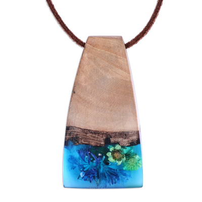 Natural flower, resin and wood pendant necklace, 'Spring Gentian' - Handmade Blue Natural Flower Resin & Wood Pendant Necklace