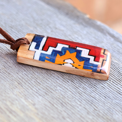 Wood pendant necklace, 'Armenian Symbols' - Adjustable Wood Pendant Necklace Hand-Painted in Armenia