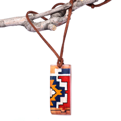 Wood pendant necklace, 'Armenian Symbols' - Adjustable Wood Pendant Necklace Hand-Painted in Armenia