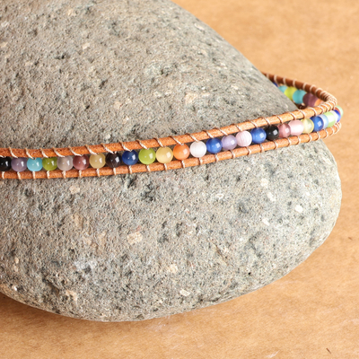 Leather and agate beaded choker, 'Summery colours' - Multicolour Agate Beaded Choker Necklace with Leather Accents