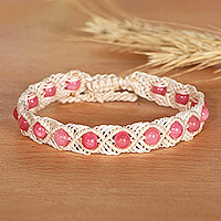 Agate beaded macrame anklet, 'Precious Pink' - Agate Beaded Macrame Anklet in Pink and White from Armenia