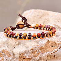 Jasper and leather beaded anklet, 'Earth Tones' - Jasper Beaded Anklet with Leather Cord Handmade in Armenia