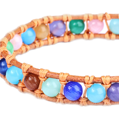 Leather-accented agate beaded bracelet, 'Summery Colors' - Multicolor Agate Beaded Bracelet with Brown Leather Accents