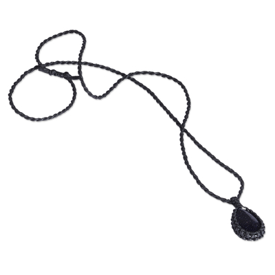Macrame pendant necklace, 'Midnight Flair' - Adjustable Black Macrame Glass Pendant Necklace from Armenia