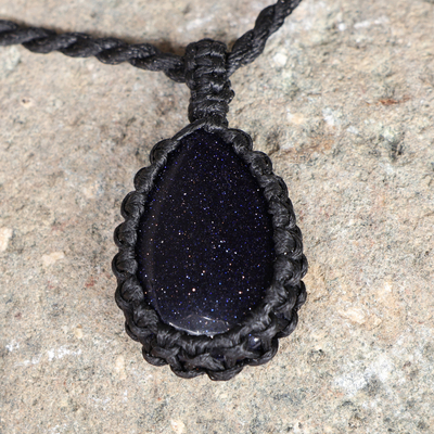Macrame pendant necklace, 'Midnight Flair' - Adjustable Black Macrame Glass Pendant Necklace from Armenia