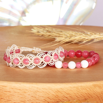 Agate beaded bracelets, 'Sweet Agate' (set of 2) - Set of 2 Pink Agate Beaded Bracelets Handcrafted in Armenia