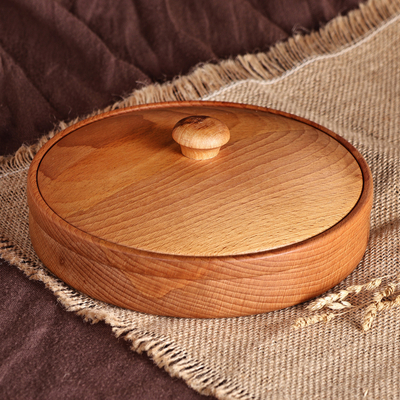 Caja decorativa de madera - Caja decorativa redonda pulida de madera de haya marrón con tapa