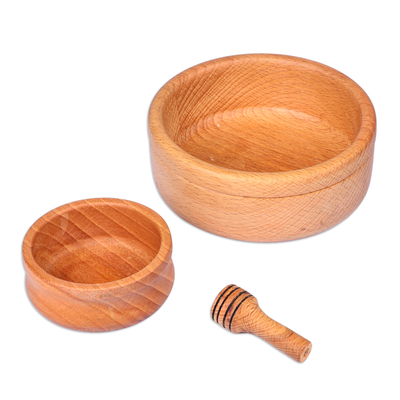 Cuencos de madera y cucharón para miel, (3 piezas) - Cuencos y cucharón de miel de madera de haya tallados a mano (3 piezas)