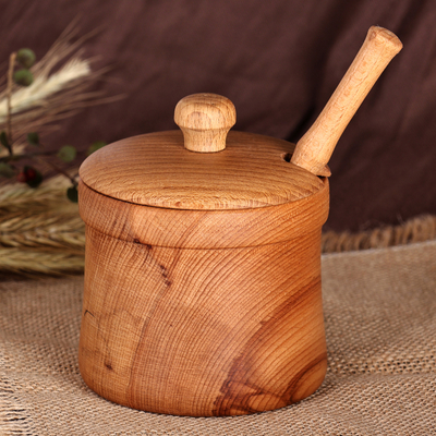 Wood honey pot and dipper, 'Sylvan Sweetness' - Hand-Carved Beechwood Wood Honey Pot and Dipper