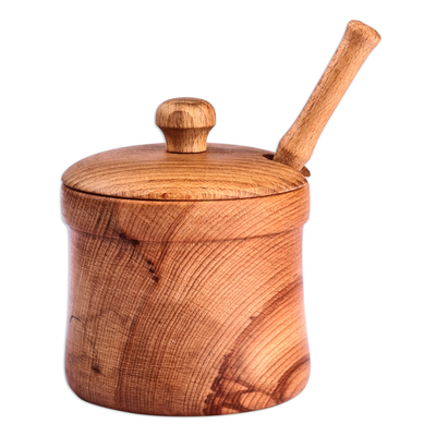 Wood honey pot and dipper, 'Sylvan Sweetness' - Hand-Carved Beechwood Wood Honey Pot and Dipper