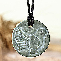 Stone pendant necklace, 'My Kindness' - Dove-Themed Green Stone Pendant Necklace from Armenia