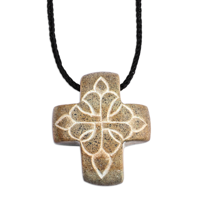 Stone pendant necklace, 'My Heritage' - Floral Yellow Stone Cross Pendant Necklace from Armenia