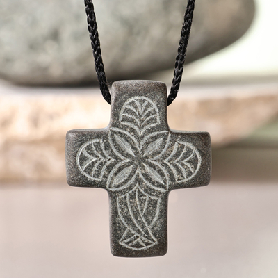 Stone pendant necklace, 'My Belief' - Leafy Grey Stone Cross Pendant Necklace from Armenia