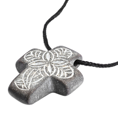 Stone pendant necklace, 'My Belief' - Leafy Grey Stone Cross Pendant Necklace from Armenia