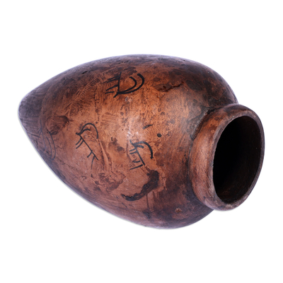 Terracotta decorative vase, 'Ancestral Eras' - Traditional Bezoar Goat-Themed Brown Decorative Vase