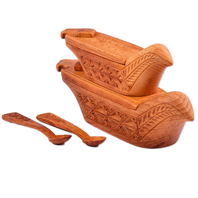 Wood condiment bowls, 'Sylvan Delight' (set of 2) - Set of 2 Hand-Carved Bird-Shaped Beechwood Condiment Bowls