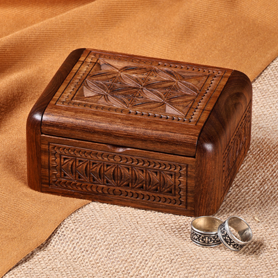 Wood jewelry box, 'Armenian Heirlooms' - Hand-Carved Polished Wood Jewelry Box with Armenian Motifs