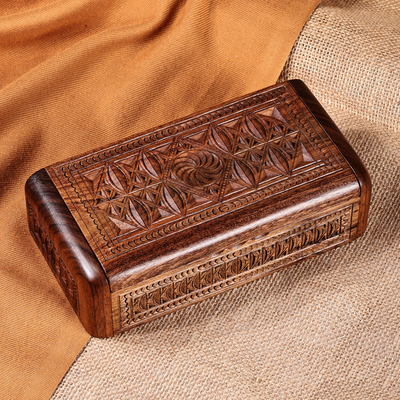 Wood jewellery box, 'Armenian Gems' - Hand-Carved Rectangular Wood jewellery Box with Armenian Motif