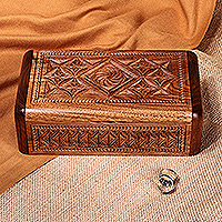 Wood jewelry box, 'Armenian Treasures' - Hand-Carved Traditional Armenian-Themed Wood Jewelry Box