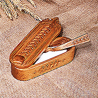 Wood salt keeper and spoon, 'Armenian Flavors' - Traditional Hand-Carved Beechwood Salt Keeper and Spoon