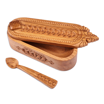 Wood salt keeper and spoon, 'Armenian Flavors' - Traditional Hand-Carved Beechwood Salt Keeper and Spoon