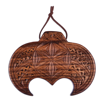 Wood wall decor, 'Ancestral Amulet' - Traditional Hand-Carved Walnut Wood Daghdghan Wall Decor