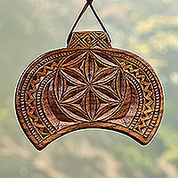 Wood wall decor, 'One Amulet' - Traditional Handcrafted Walnut Wood Daghdghan Wall Decor