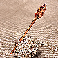 Wood hair pin, 'Sylvan Deity' - Hand-Carved Leafy Light Brown Walnut Wood Hair Pin