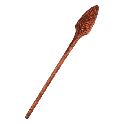 Wood hair pin, 'Sylvan Deity' - Hand-Carved Leafy Light Brown Walnut Wood Hair Pin