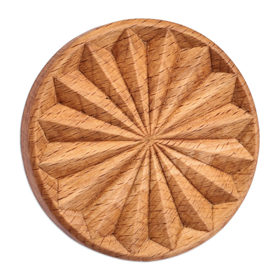 Wood cookie press, 'Sweetly Floral' - Hand-Carved Round Floral Beechwood Cookie Press