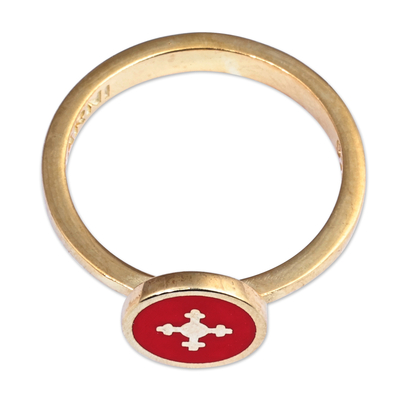 Gold-plated ring, 'Marash Passion' - Hand-Painted Red 18k Gold-Plated Marash Cocktail Ring
