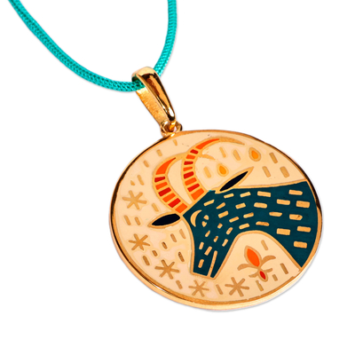 Gold-plated enamel pendant necklace, 'The Capricorn Emblem' - Painted 18k Gold-Plated Capricorn Enamel Pendant Necklace