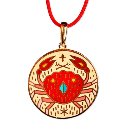 Gold-plated enamel pendant necklace, 'The Cancer Emblem' - Painted 18k Gold-Plated Cancer Enamel Pendant Necklace