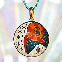 Collar colgante de esmalte chapado en oro, 'El emblema de Aries' - Collar colgante de esmalte Aries chapado en oro de 18k pintado