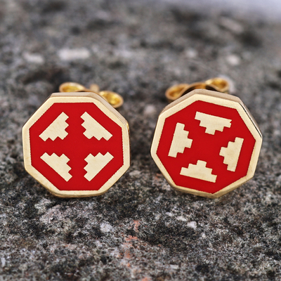 Pendientes de botón chapados en oro - Aretes con baño de oro de 18k en color rojo geométrico pulido
