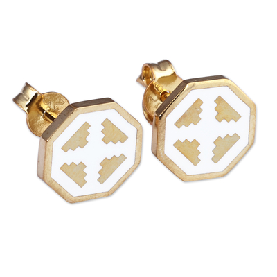 Pendientes de botón chapados en oro - Aretes geométricos blancos pulidos chapados en oro de 18k