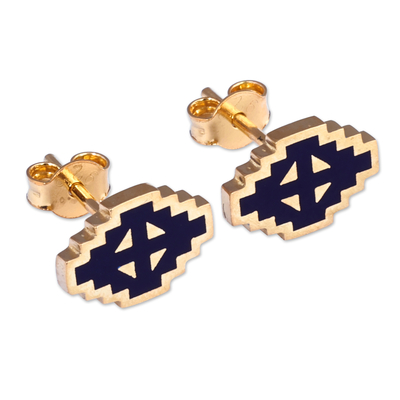 Gold-plated stud earrings, 'Vishap Magic' - Hand-Painted Navy 18k Gold-Plated Vishap Stud Earrings