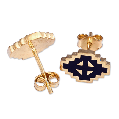 Gold-plated stud earrings, 'Vishap Magic' - Hand-Painted Navy 18k Gold-Plated Vishap Stud Earrings