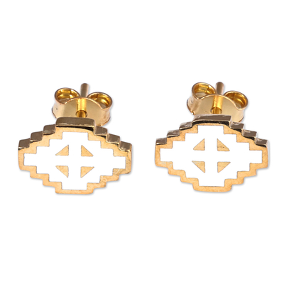 Gold-plated stud earrings, 'Vishap Paradise' - Hand-Painted White 18k Gold-Plated Vishap Stud Earrings