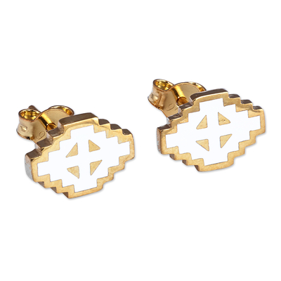 Gold-plated stud earrings, 'Vishap Paradise' - Hand-Painted White 18k Gold-Plated Vishap Stud Earrings