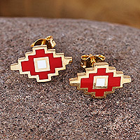 Pendientes de botón chapados en oro - Aretes chapados en oro de 18k con esmalte rojo y temática de Artsaj