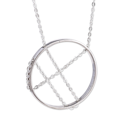 Sterling silver pendant necklace, 'Circular Elegance' - 925 Silver Necklace with Circular Pendant & Interlaced Chain