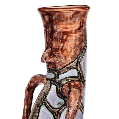 Ceramic vase, 'Mysterious Faces' - Hand-Painted Abstract Green and Brown Ceramic Vase