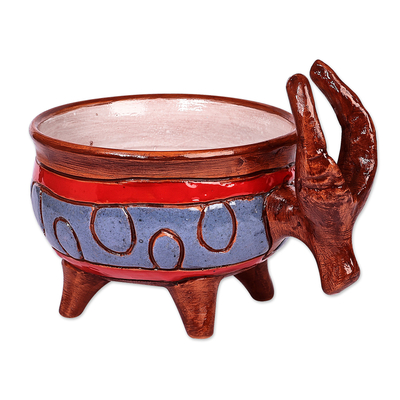 Cuenco decorativo de cerámica - Cuenco decorativo de cerámica marrón y azul con temática de toro pintado